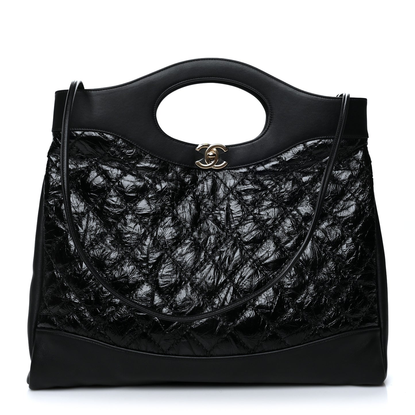 Crumpled Calfskin Quilted 31 Large Shopping Bag Black