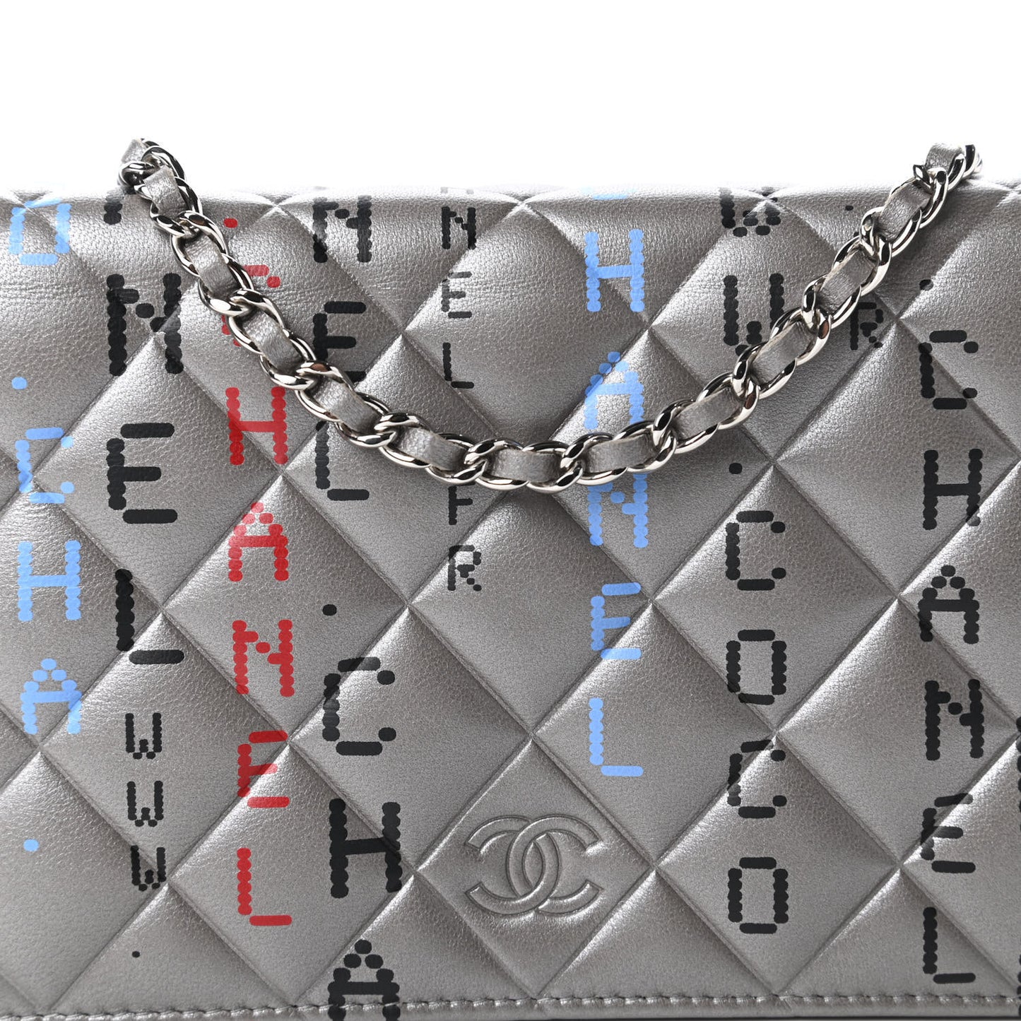 Metallic Lambskin Quilted Data Center Wallet On Chain WOC Silver