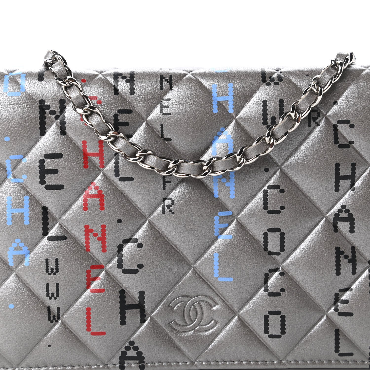 Chanel Metallic Lambskin Quilted Data Center Wallet On Chain WOC Silver 11 of 13