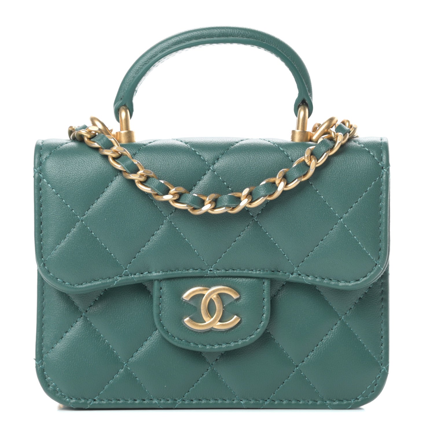 Chanel Lambskin Quilted Top Handle Flap Coin Purse With Chain Green 1 of 13
