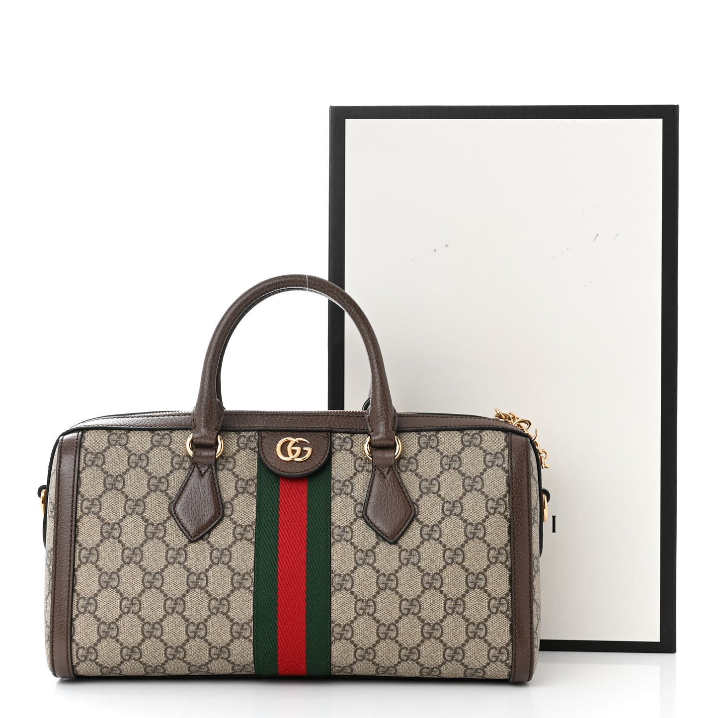 GG Supreme Monogram Textured Dollar Calfskin Web Medium Ophidia Boston Beige Ebony New Acero