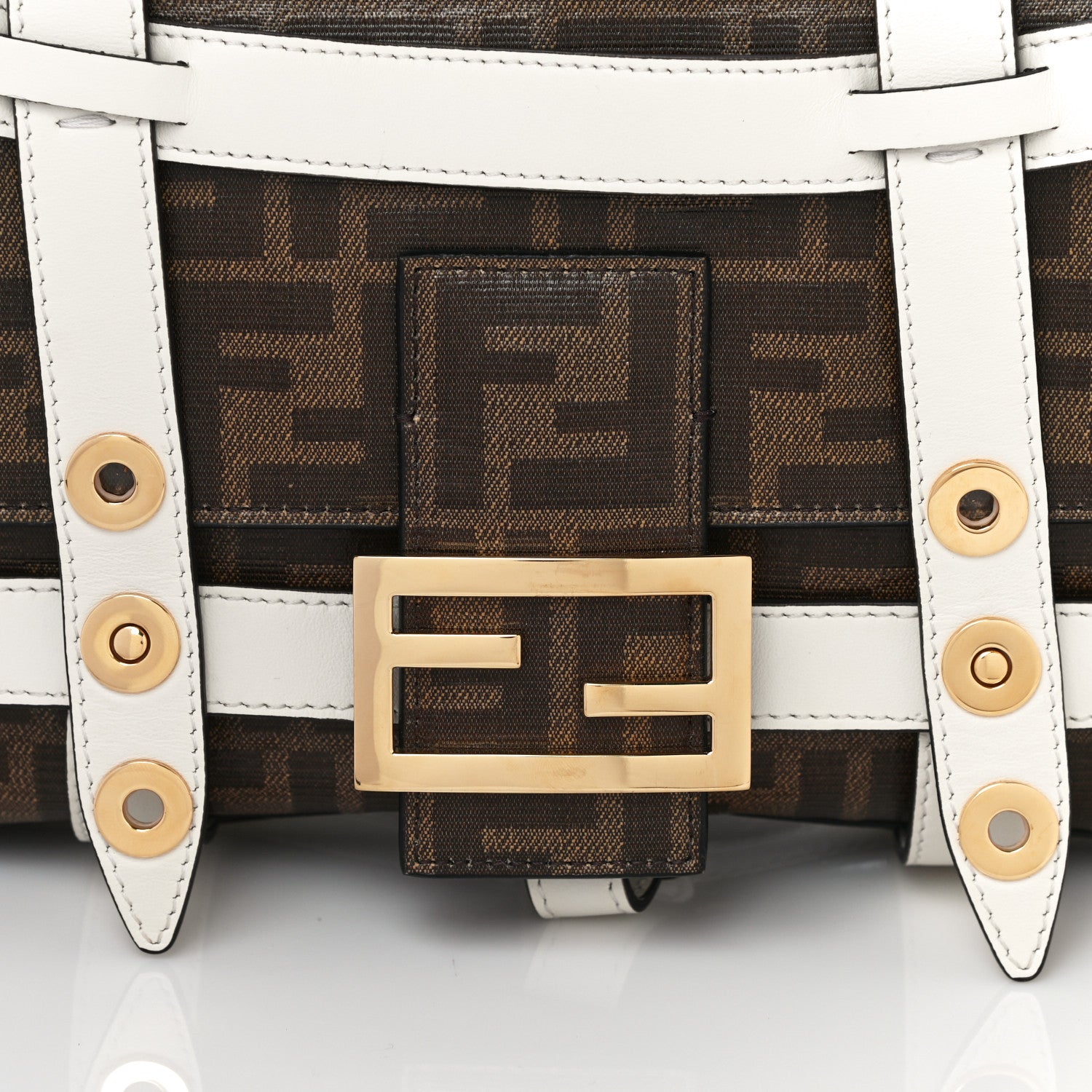 Fendi Glazed Fabric Vitello Century FF 1974 Large Baguette Cage Mogano Panna White Ice 7 of 9