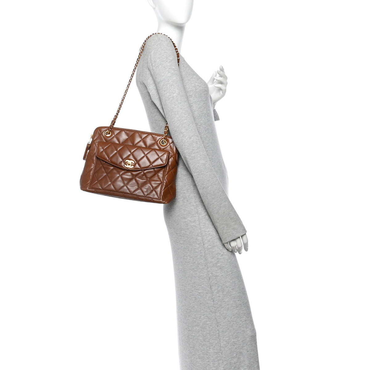 Chanel Lambskin Quilted Front Pocket Shopping Tote Brown 2 of 13