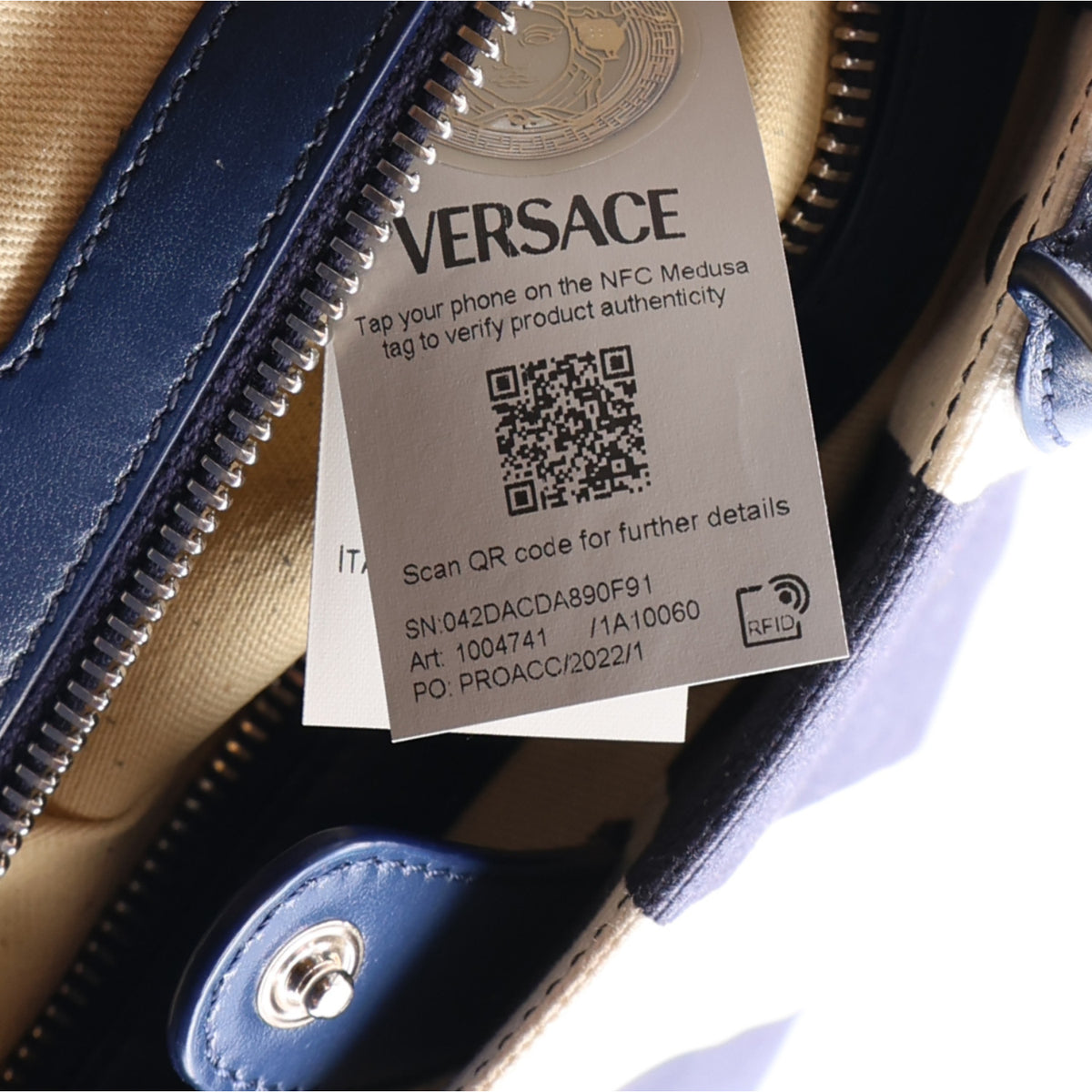 Versace Canvas Striped La Medusa Tote Bag  Navy Blue White 6 of 9