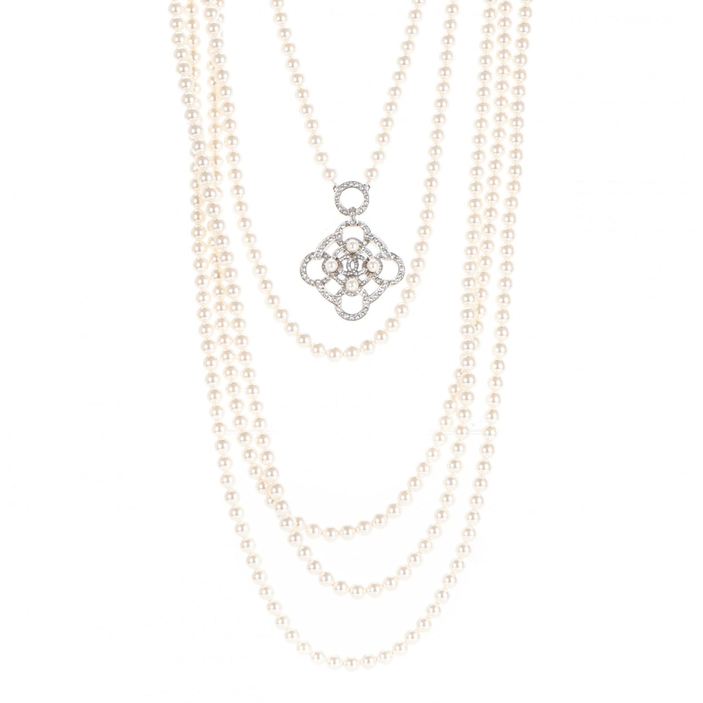 Pearl Crystal CC Multi Strand Necklace Silver