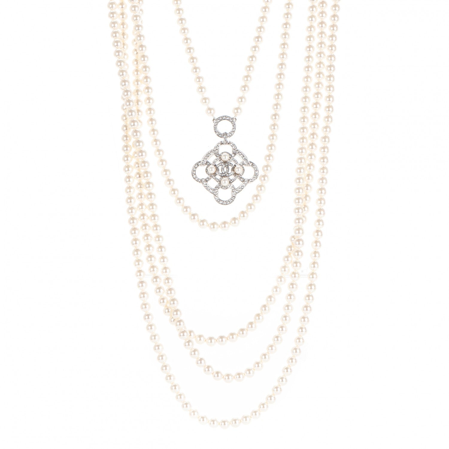 Chanel Pearl Crystal CC Multi Strand Necklace Silver 1 of 5