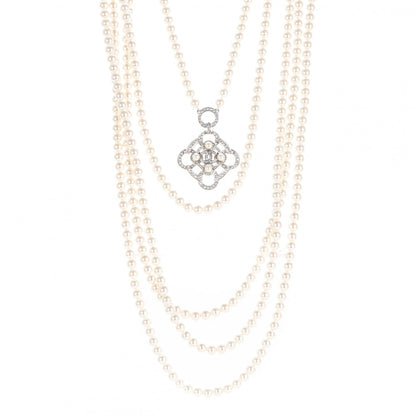 Chanel Pearl Crystal CC Multi Strand Necklace Silver 1 of 5