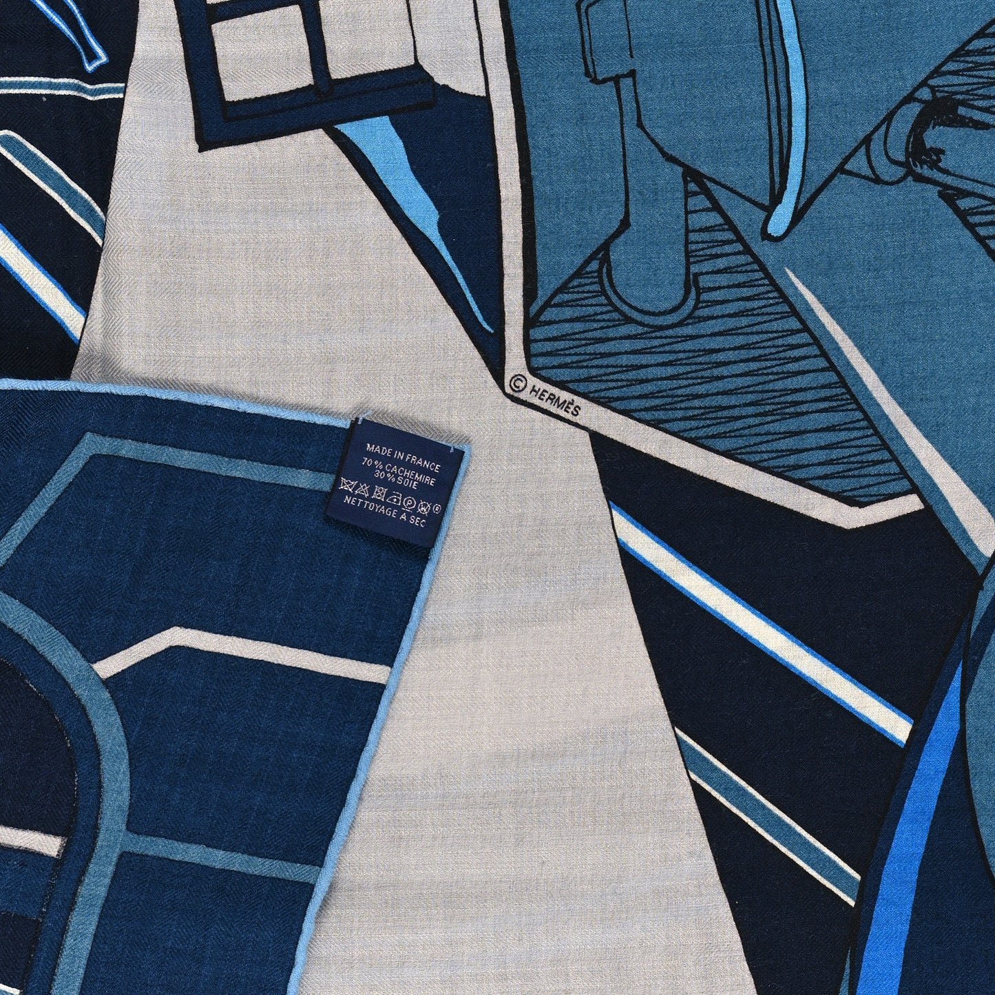 Silk Cashmere Mysterious Rider Shawl 140 Marine Gris Bleu Grisé