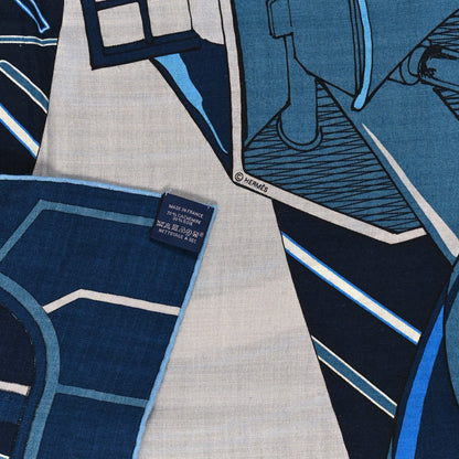 Hermes Silk Cashmere Mysterious Rider Shawl 140 Marine Gris Bleu Grisé 3 of 3