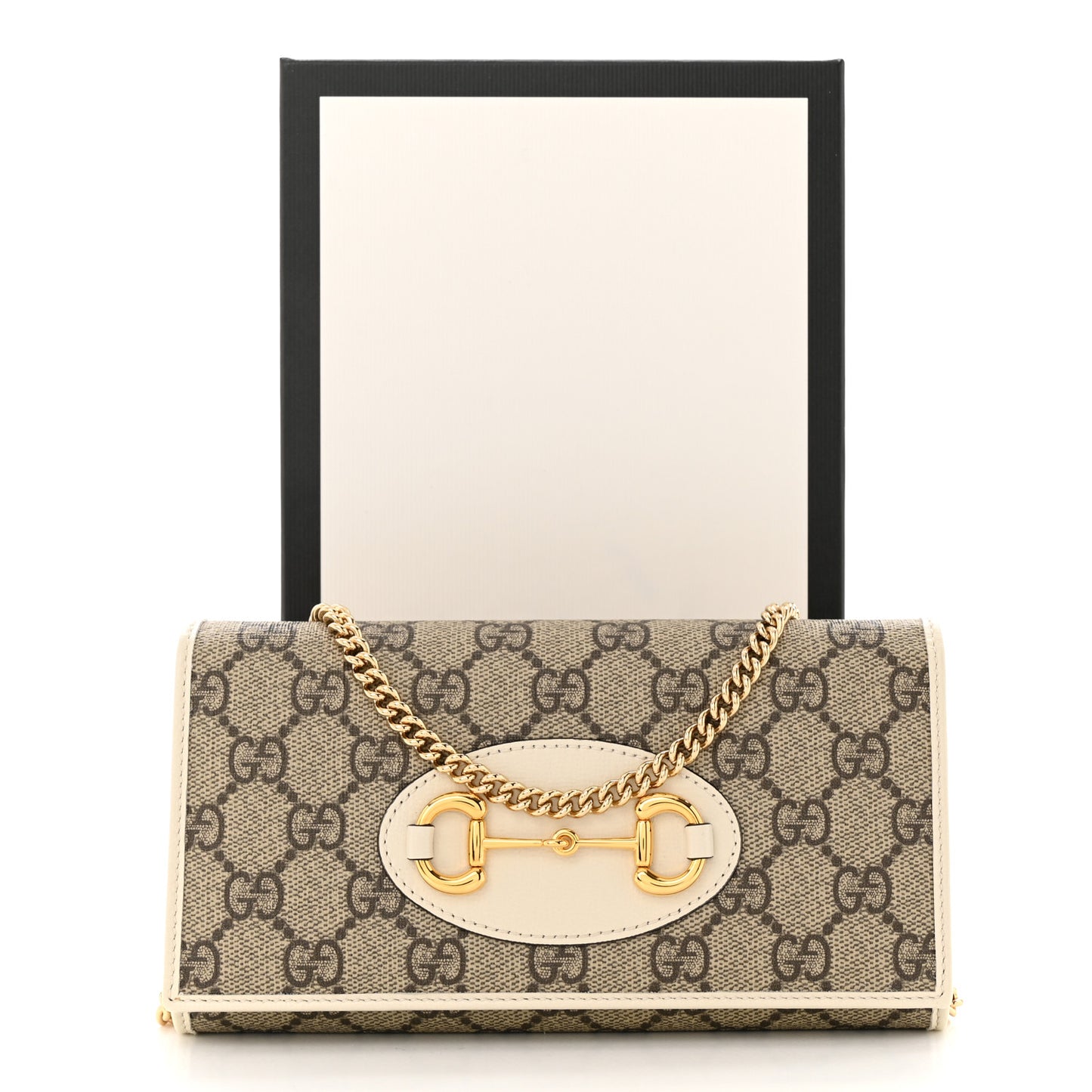 GG Supreme Monogram Azalea Calfskin Horsebit 1955 Wallet On Chain Beige Ebony Mystic White