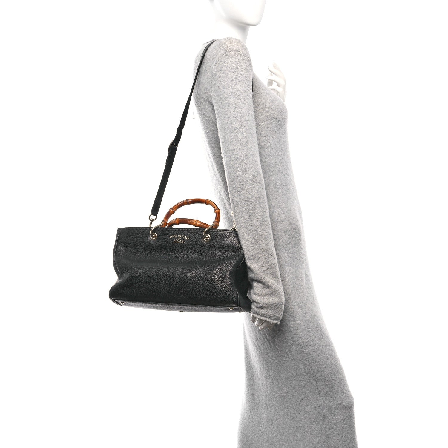 Gucci Pebbled Calfskin Medium Bamboo Shopper Tote Black 2 of 11