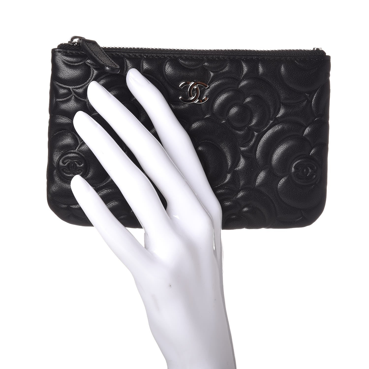 Chanel Goatskin Camellia Embossed Cosmetic Pouch Black 2 of 8
