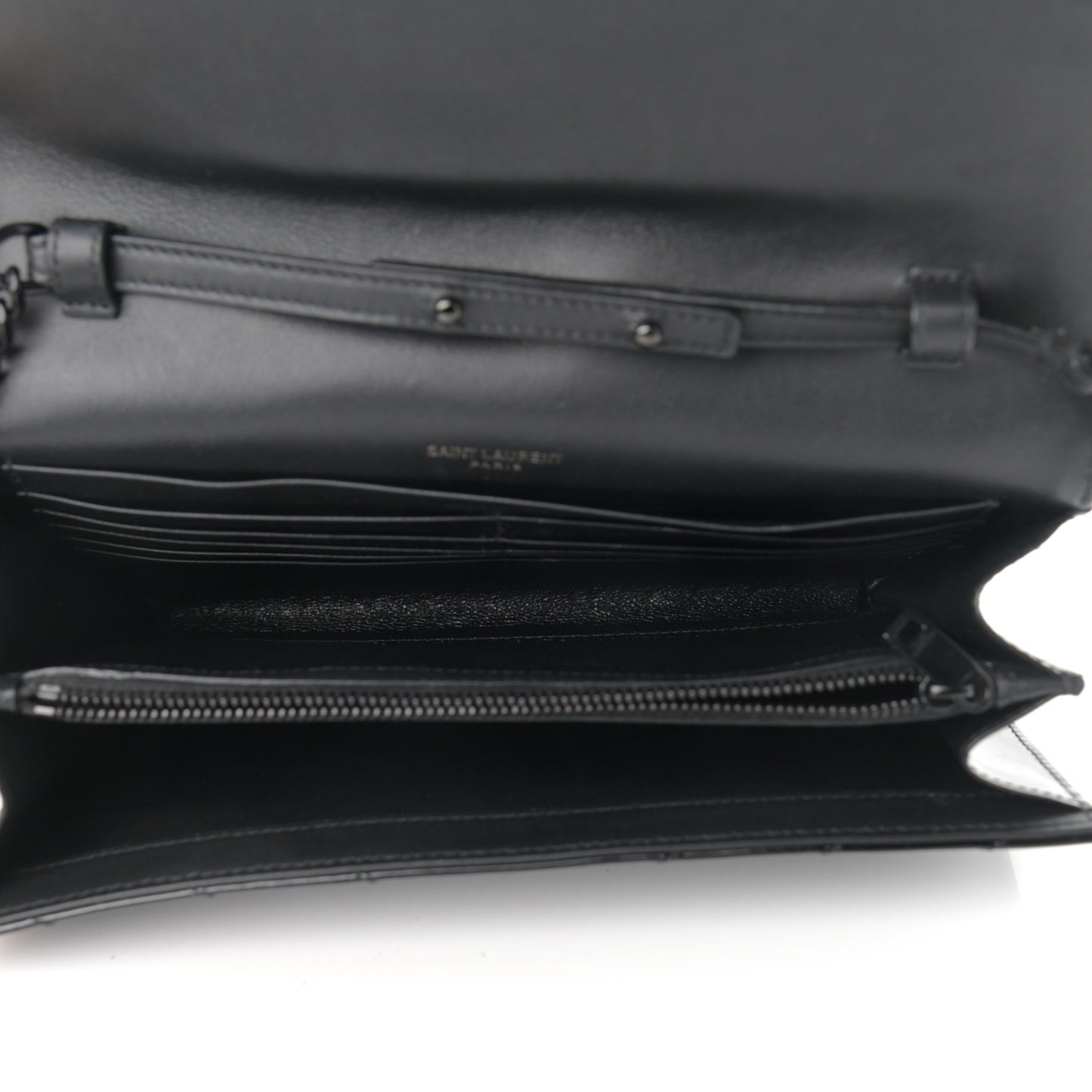 Patent Matelasse Chevron Monogram Chain Wallet Black