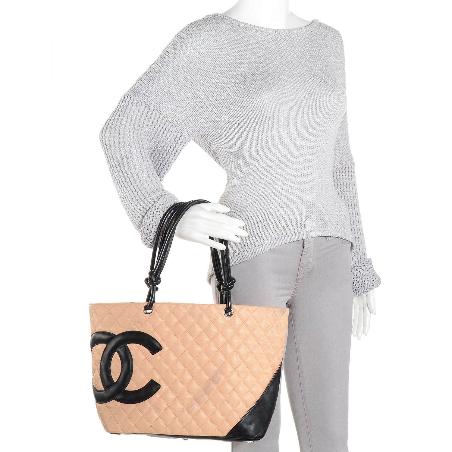 Chanel Calfskin Quilted Large Cambon Tote Beige Black 2 of 9