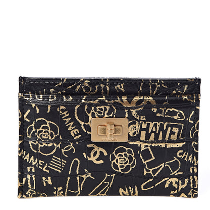Chanel Calfskin Crocodile Embossed Graffiti 2.55 Cocodile Reissue Card Holder Black Gold 1 of 9