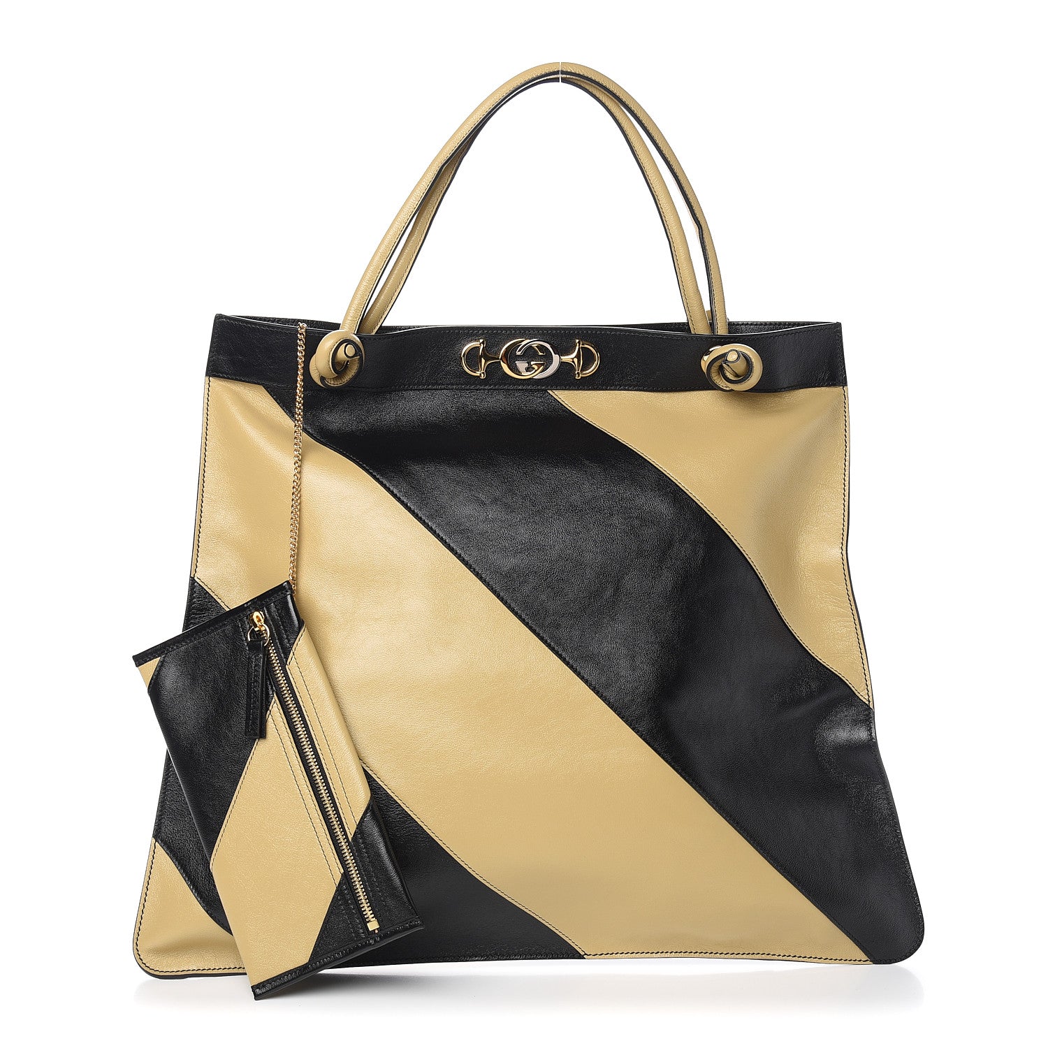 Gucci Smooth Calfskin Diagonal Striped Zumi Tote Black Beige 1 of 11