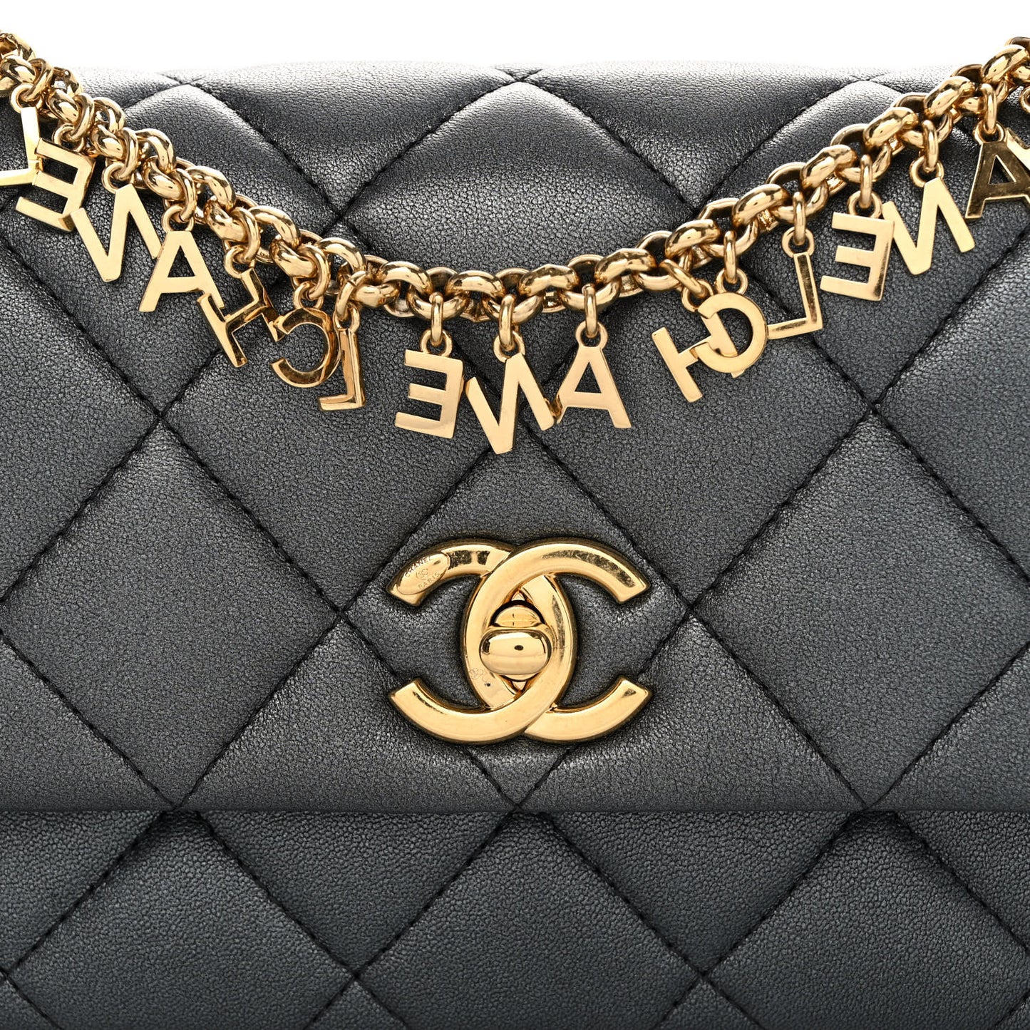 Metallic Lambskin Quilted Logo Charm Chain Flap Grey