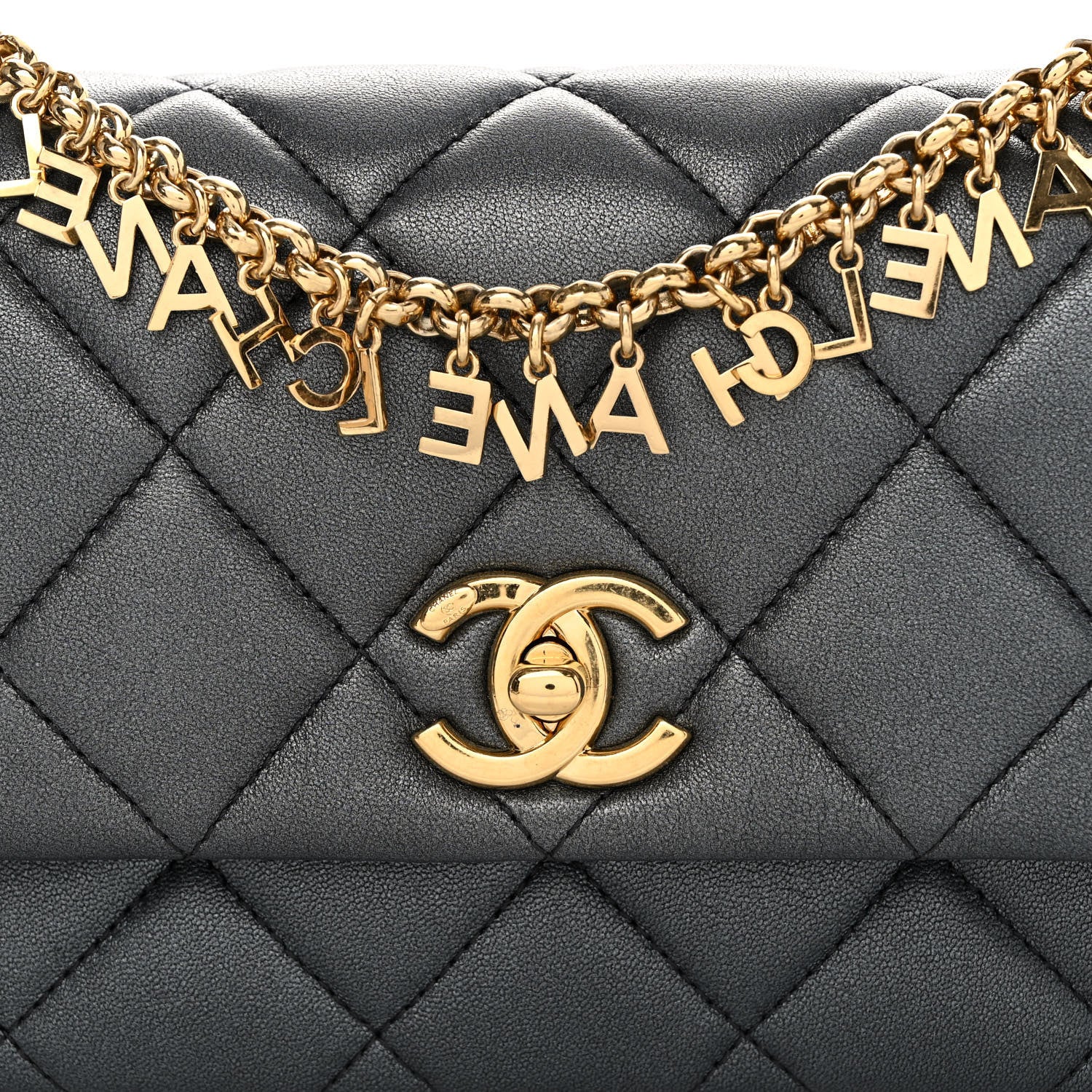 Chanel Metallic Lambskin Quilted Logo Charm Chain Flap Grey 8 of 10