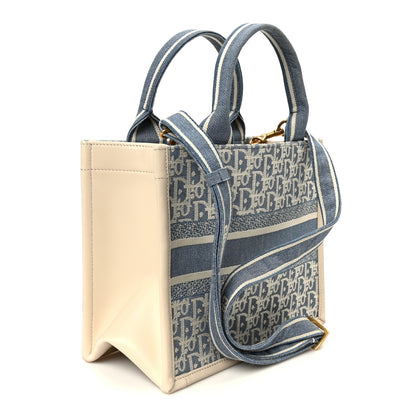 Christian Dior Oblique Chambray Calfskin Small Book Tote With Strap Blue Latte 2 of 9