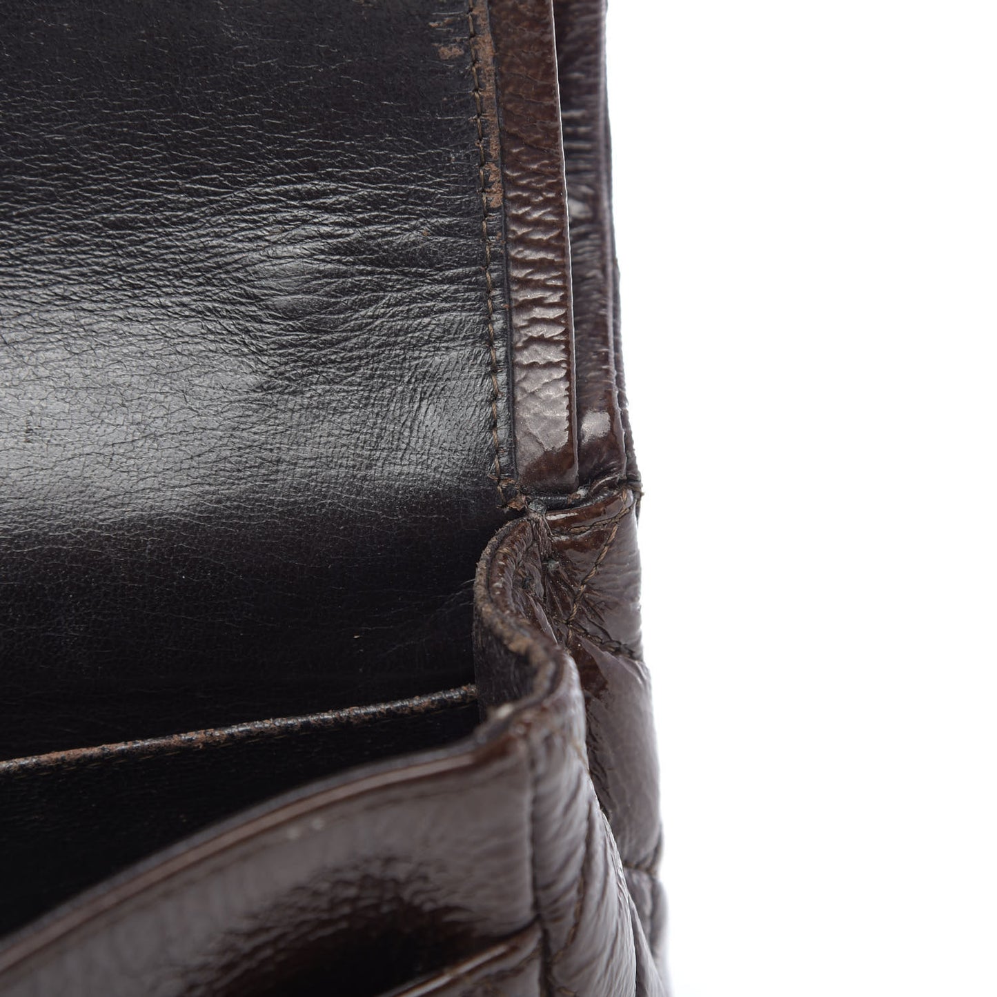 Crinkled Patent Quilted Medium Double Flap Brown