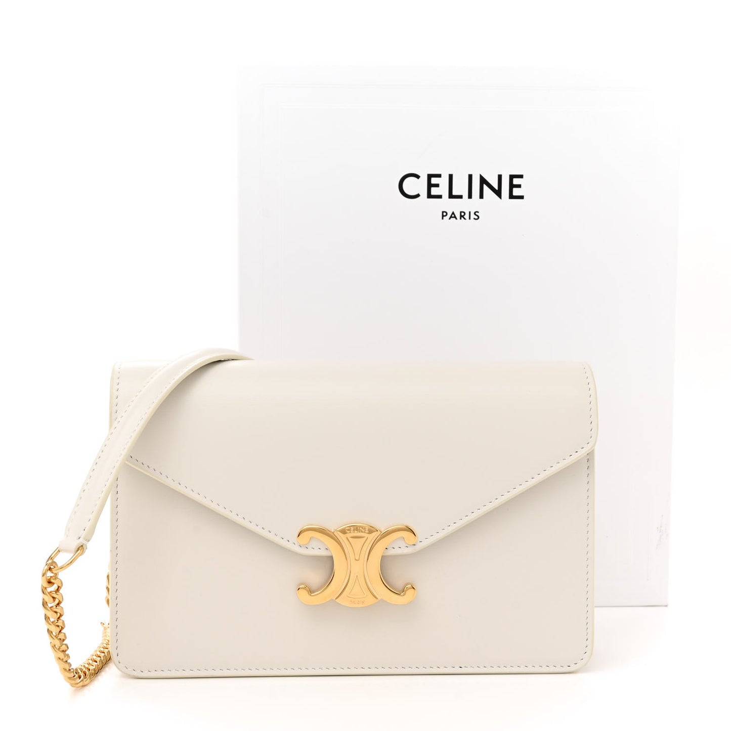 Shiny Calfskin Triomphe Margo Wallet on Chain White