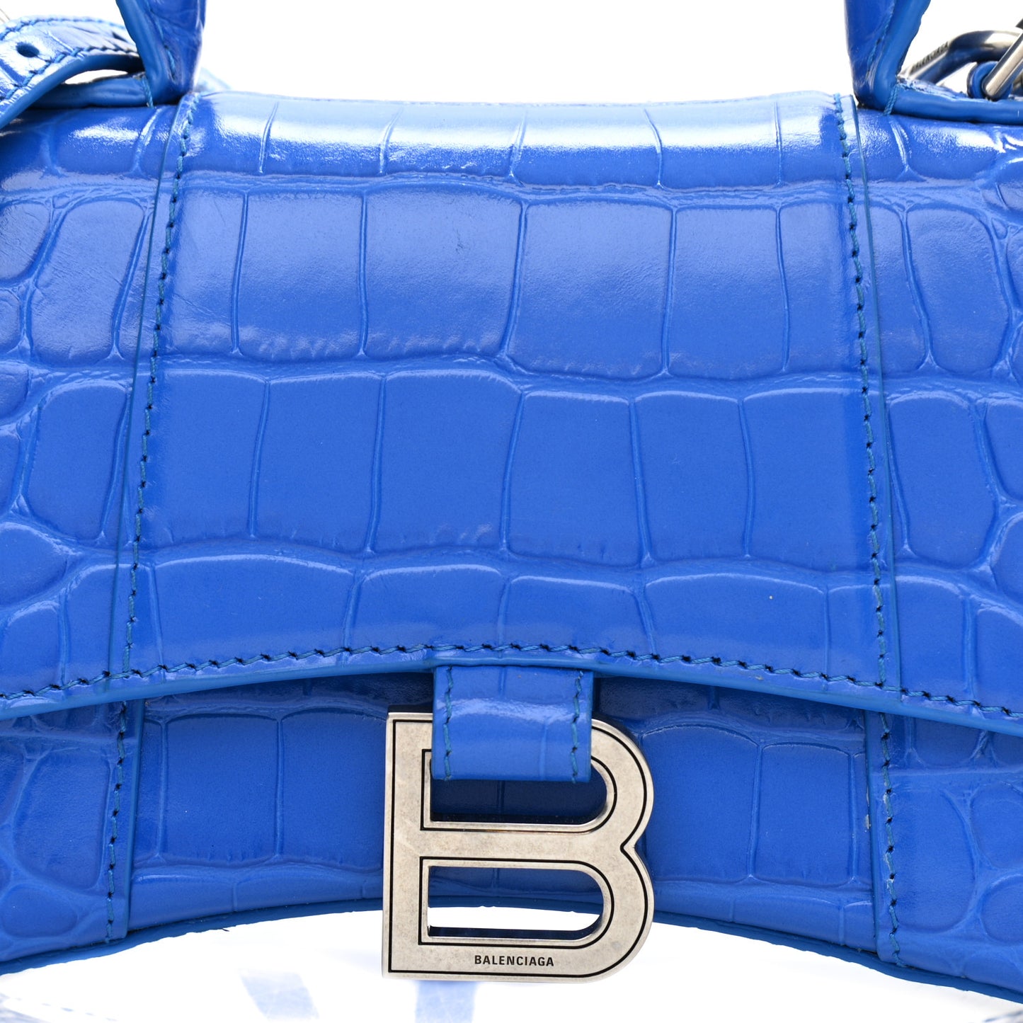 Shiny Calfskin Crocodile Embossed Hourglass Top Handle Bag XS Royal Blue