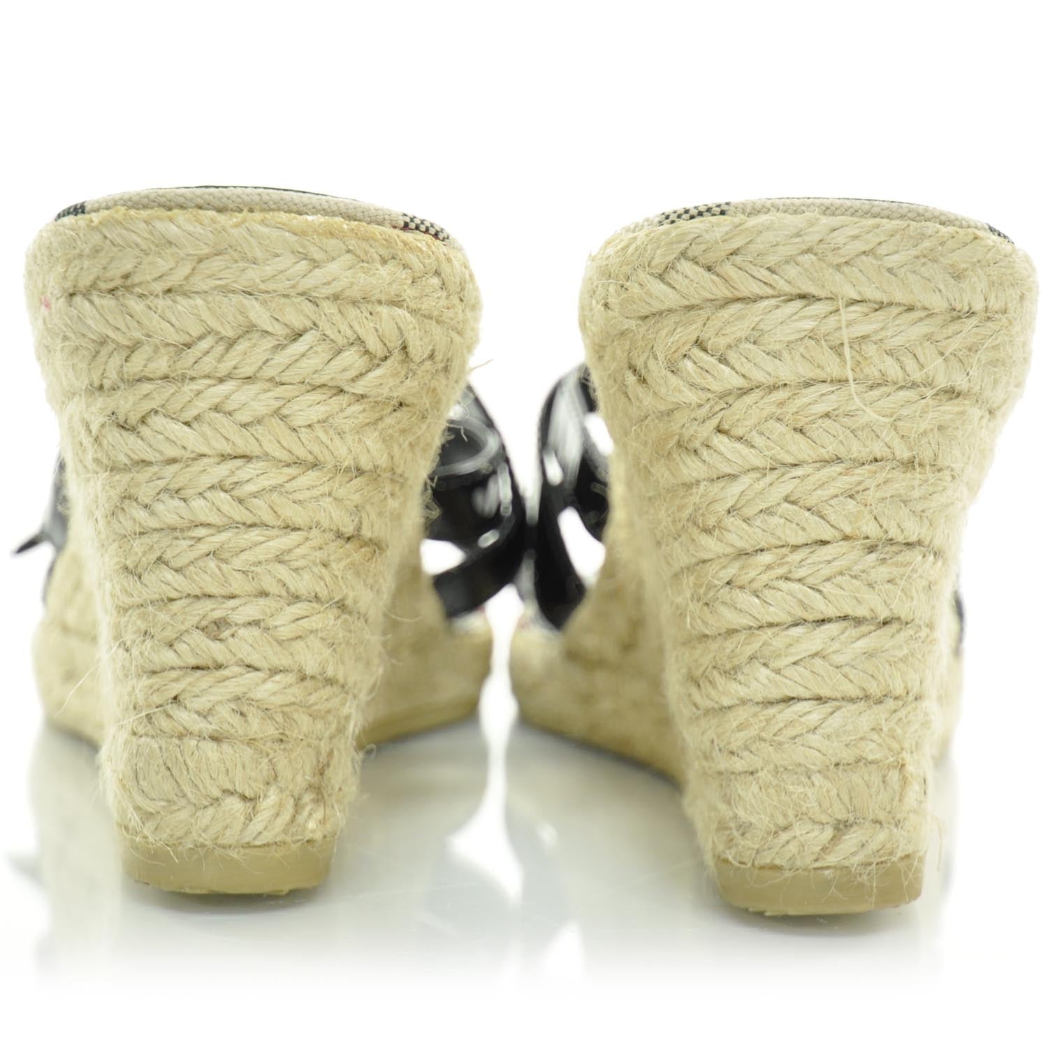 Burberry Patent Nova Check Trim Espadrille Wedges 40 Black 3 of 8