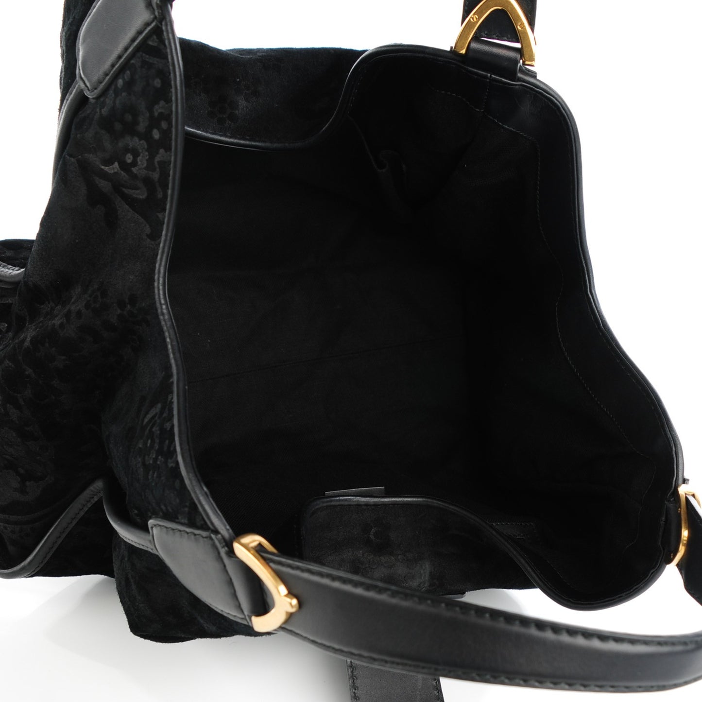 Soft Leather Brocade Medium Stirrup Shoulder Bag Black