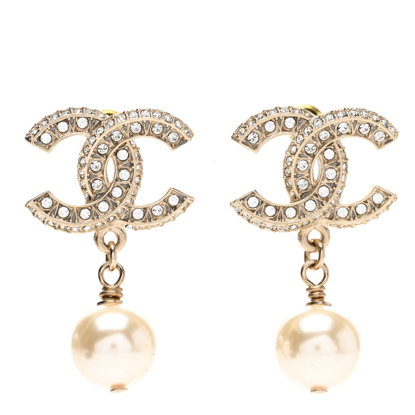 Crystal Pearl CC Drop Earrings Gold