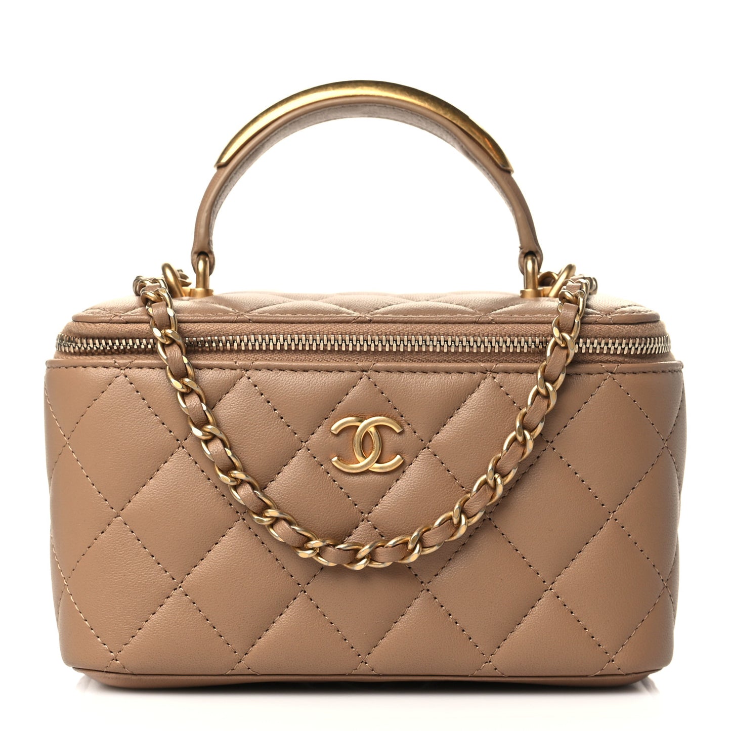 Lambskin Quilted Metal Small Top Handle Vanity Case With Chain Beige