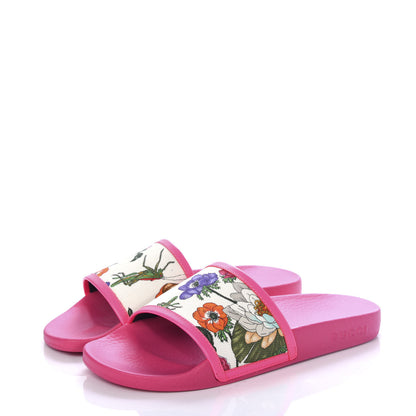Gucci Canvas Flora Print Slide Sandals 37 Fluorescent Fuchsia 3 of 10