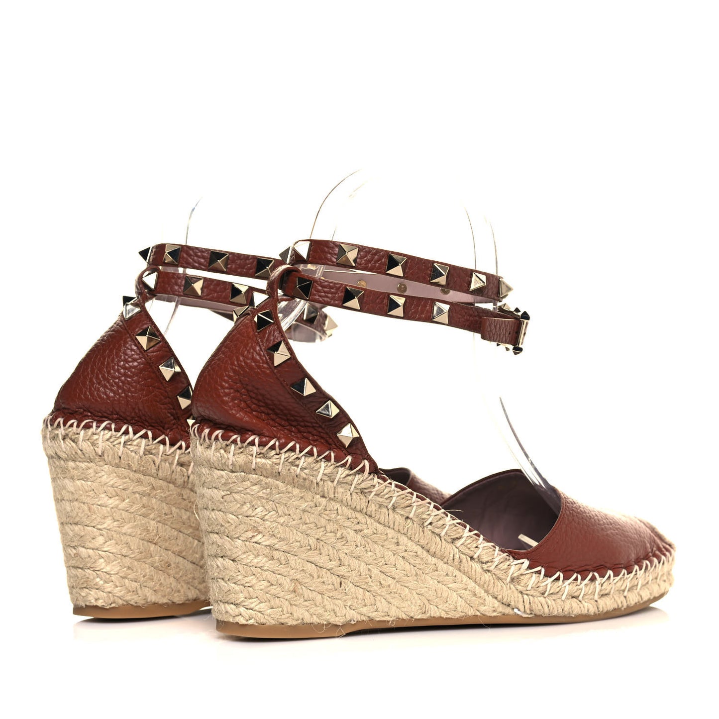 Grained Calfskin Rockstud Ankle Wrap Espadrille 15/85mm Wedges 39 Cuoio