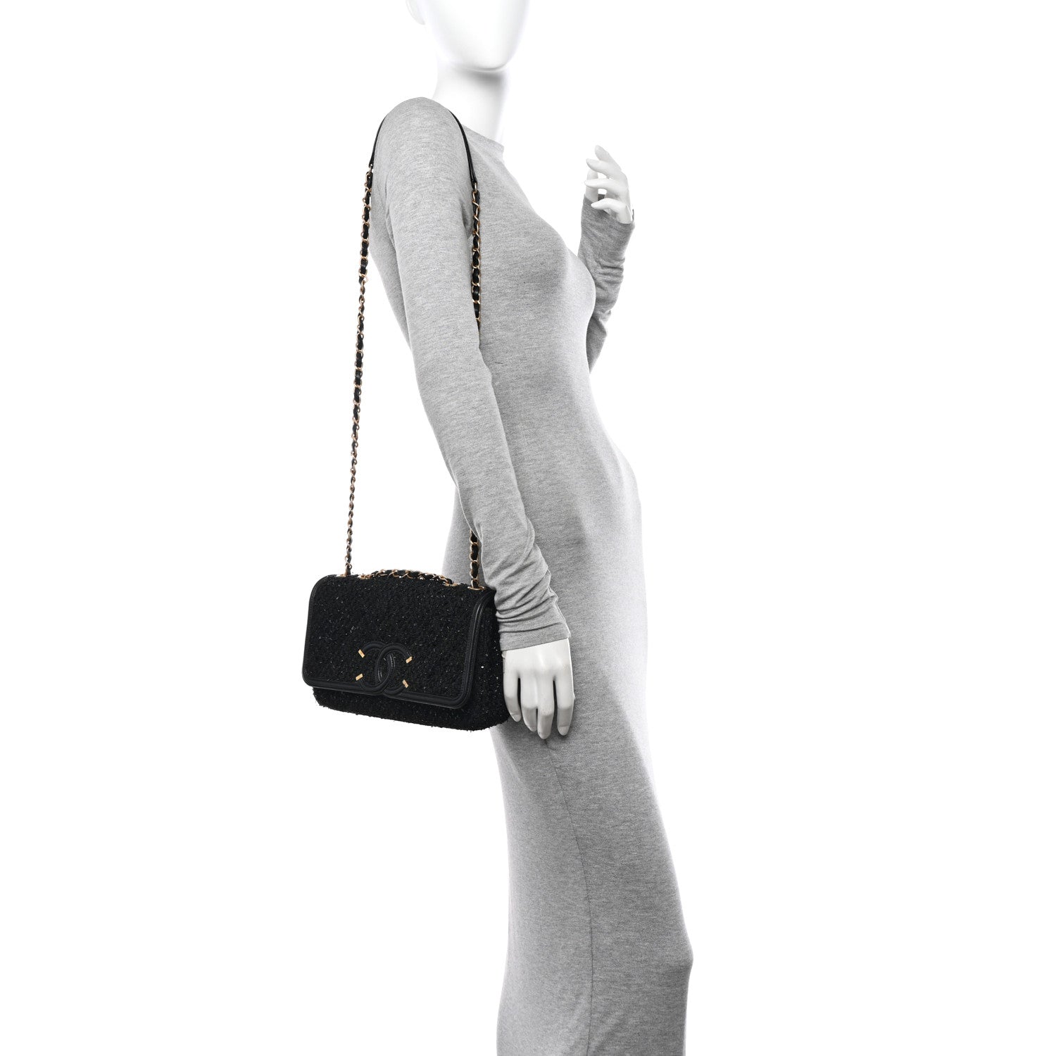 Chanel Tweed Calfskin Quilted Medium CC Filigree Flap Black 2 of 12