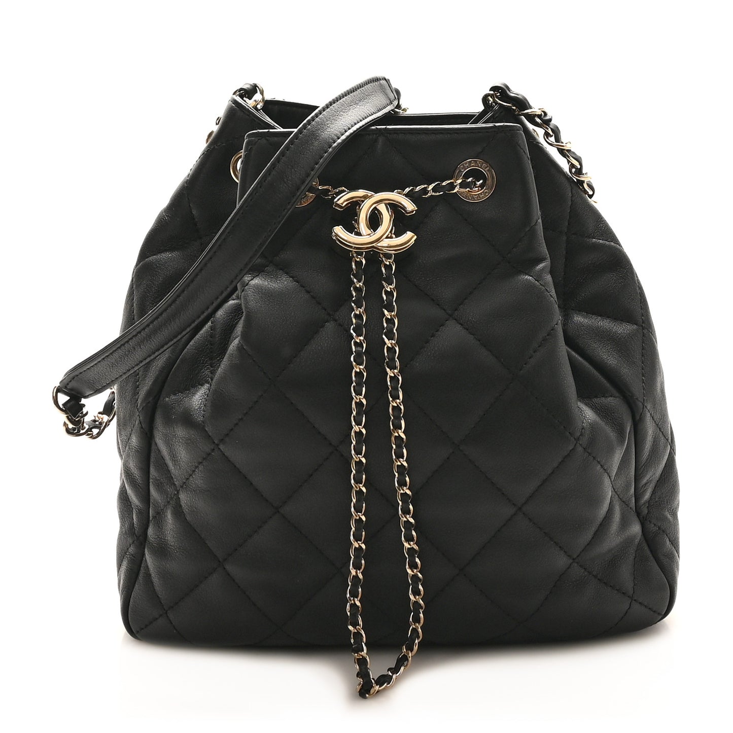 Lambskin Quilted Chain Drawstring Bag  Black