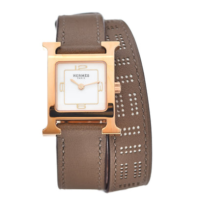 Hermes Stainless Steel Swift 21mm Heure H Hour Perforated Double Tour Quartz Watch Etoupe 1 of 5