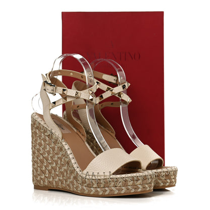 Valentino Garavani Grained Calfskin Rockstud Ankle Strap Espadrille Wedge Sandals 38 Light Ivory Natural 12 of 12