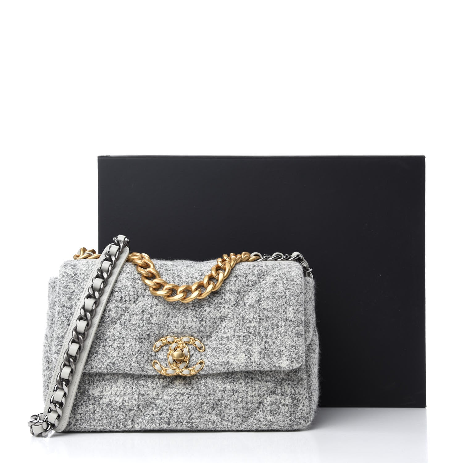 Chanel Tweed Quilted Medium Chanel 19 Flap Grey Ecru 12 of 12