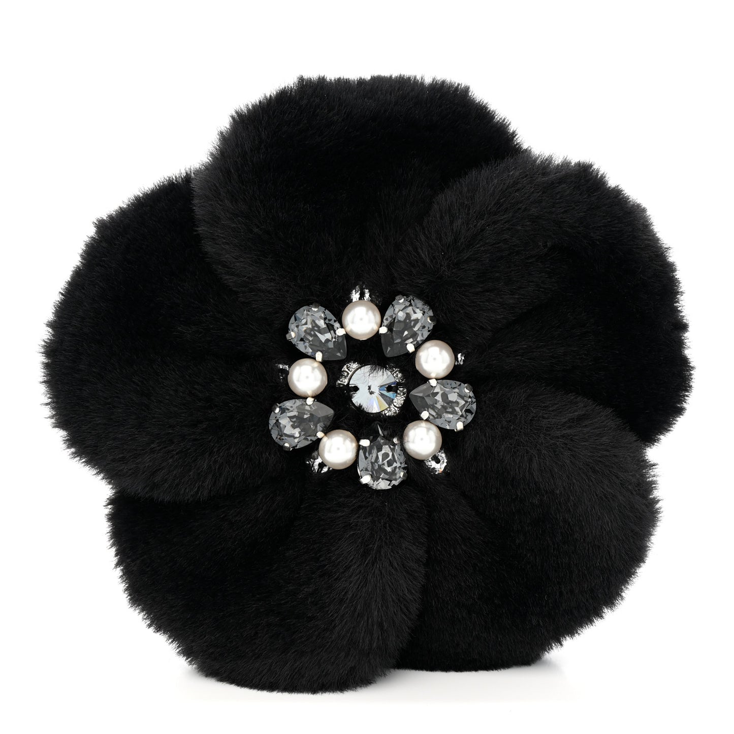 Faux Fur Strass Camellia Brooch Black