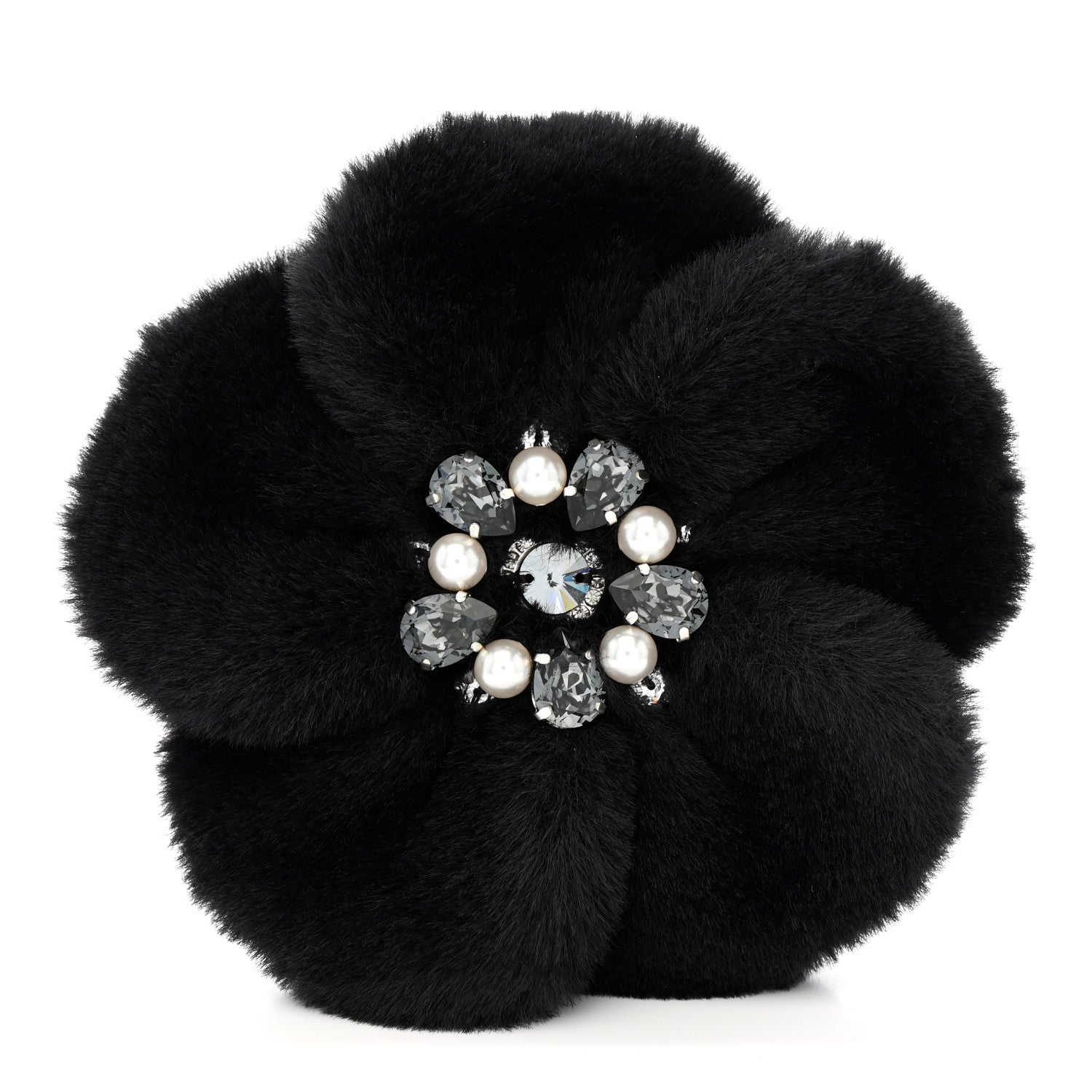 Chanel Faux Fur Strass Camellia Brooch Black 1 of 5