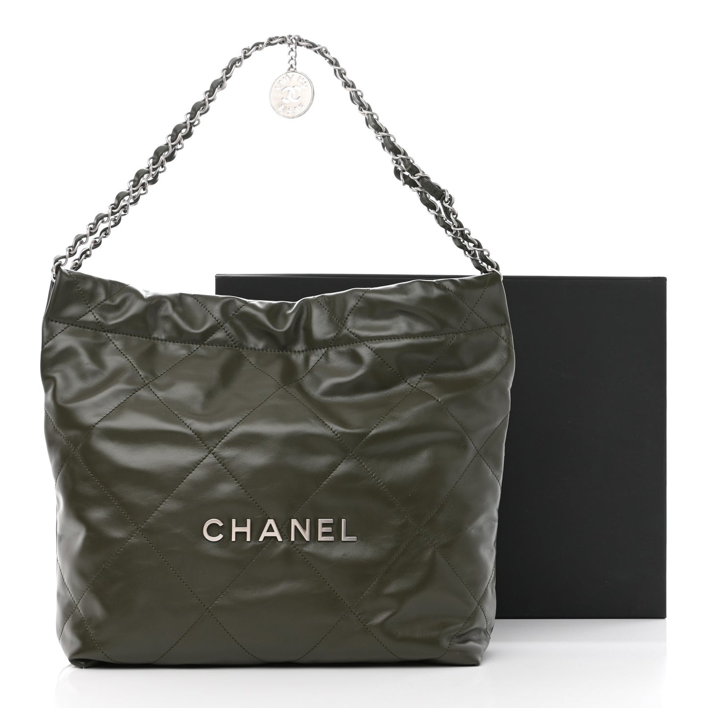 Shiny Calfskin Quilted Small Chanel 22 Khaki