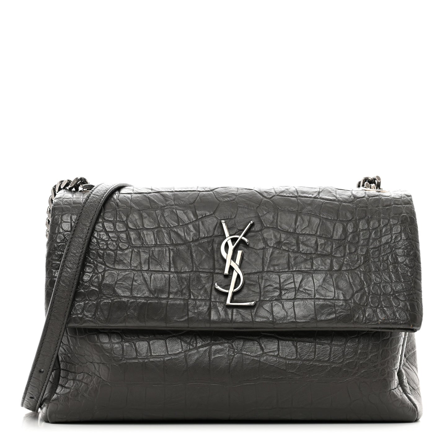 Calfskin Crocodile Embossed Medium West Hollywood Monogram Fold-Over Grey