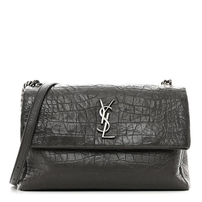Saint Laurent Calfskin Crocodile Embossed Medium West Hollywood Monogram Fold-Over Grey 1 of 9