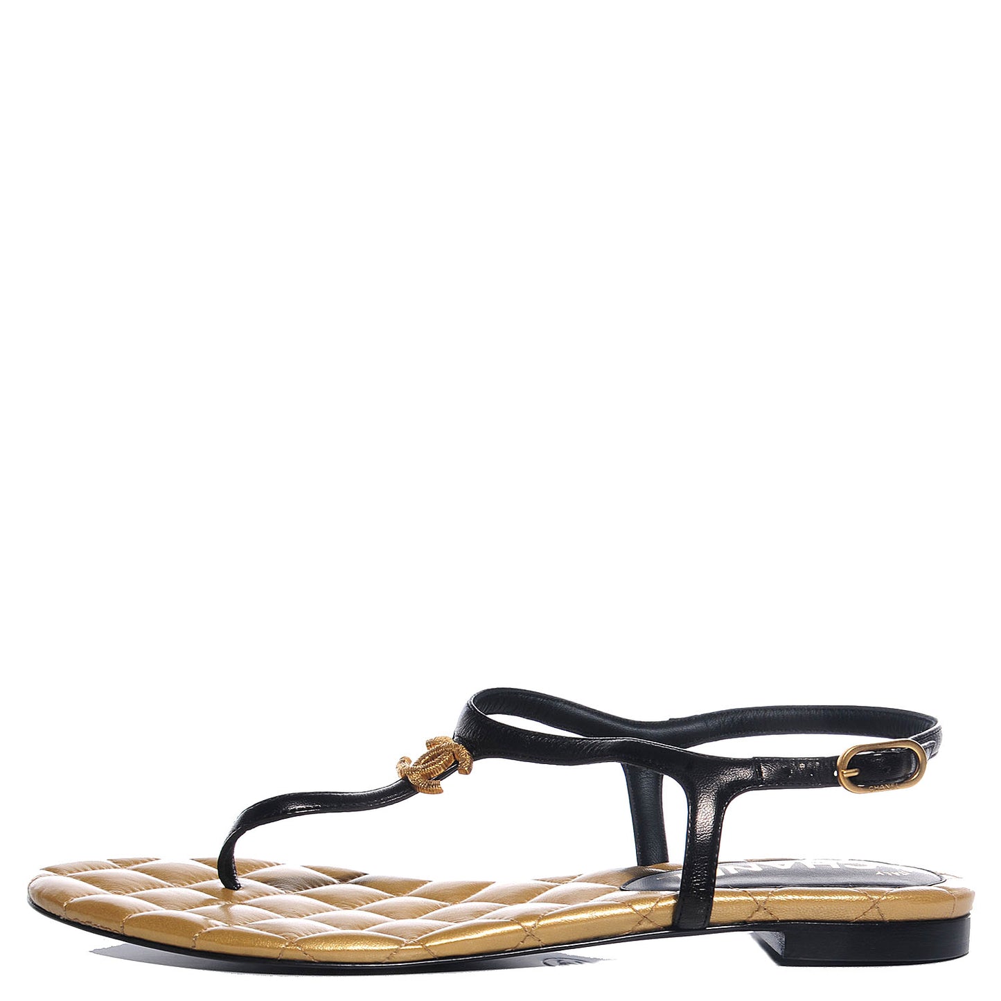 Leather Quilted CC Thong Sandals 37 Black Gold