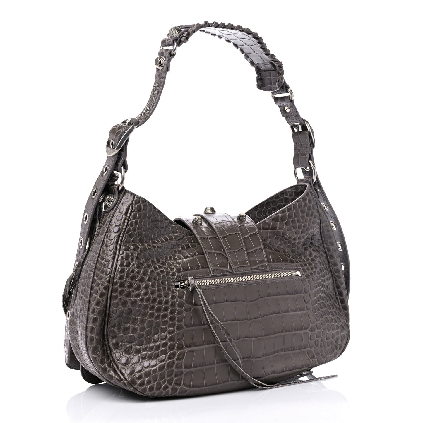 Extra Supple Calfskin Crocodile Embossed Medium Le Cagole Shoulder Bag Medium Grey