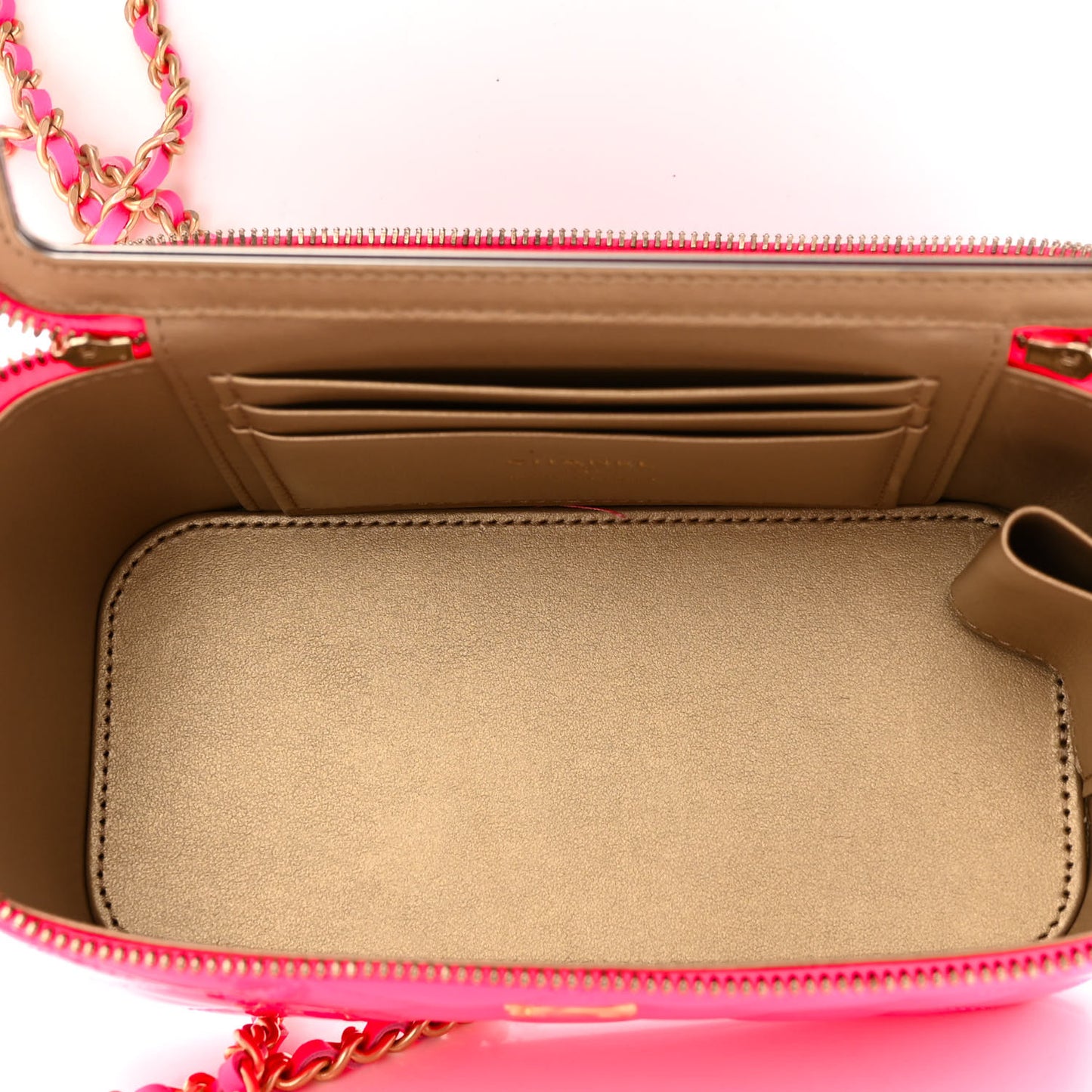 Patent Quilted Pearl Crush Small Vanity Case With Chain Neon Pink