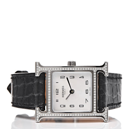 Hermes Stainless Steel Alligator Diamond Bezel Mother of Pearl 21mm Heure H Hour Quartz Watch Noir 3 of 8