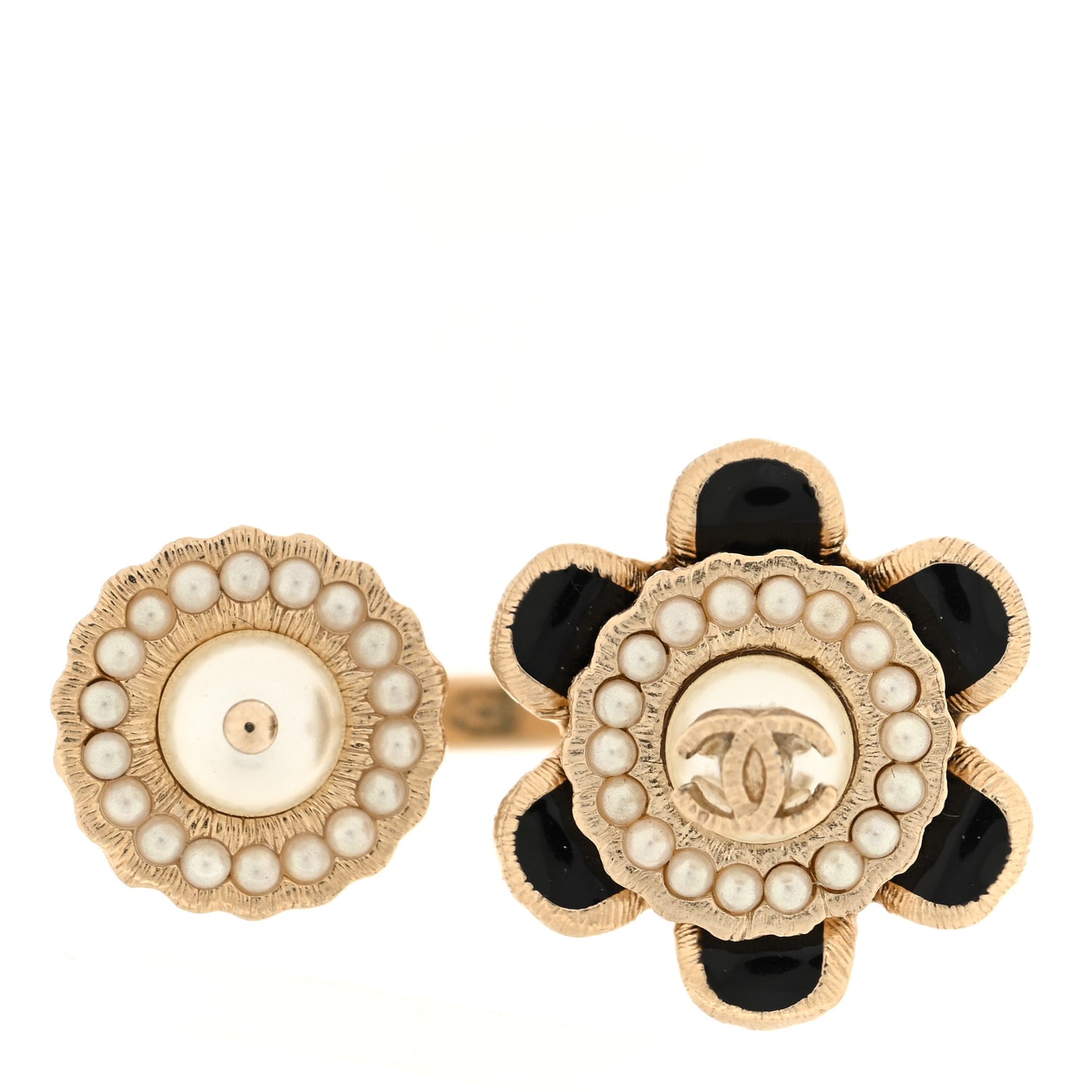 Pearl Enamel CC Camellia Ring 5 Black Gold
