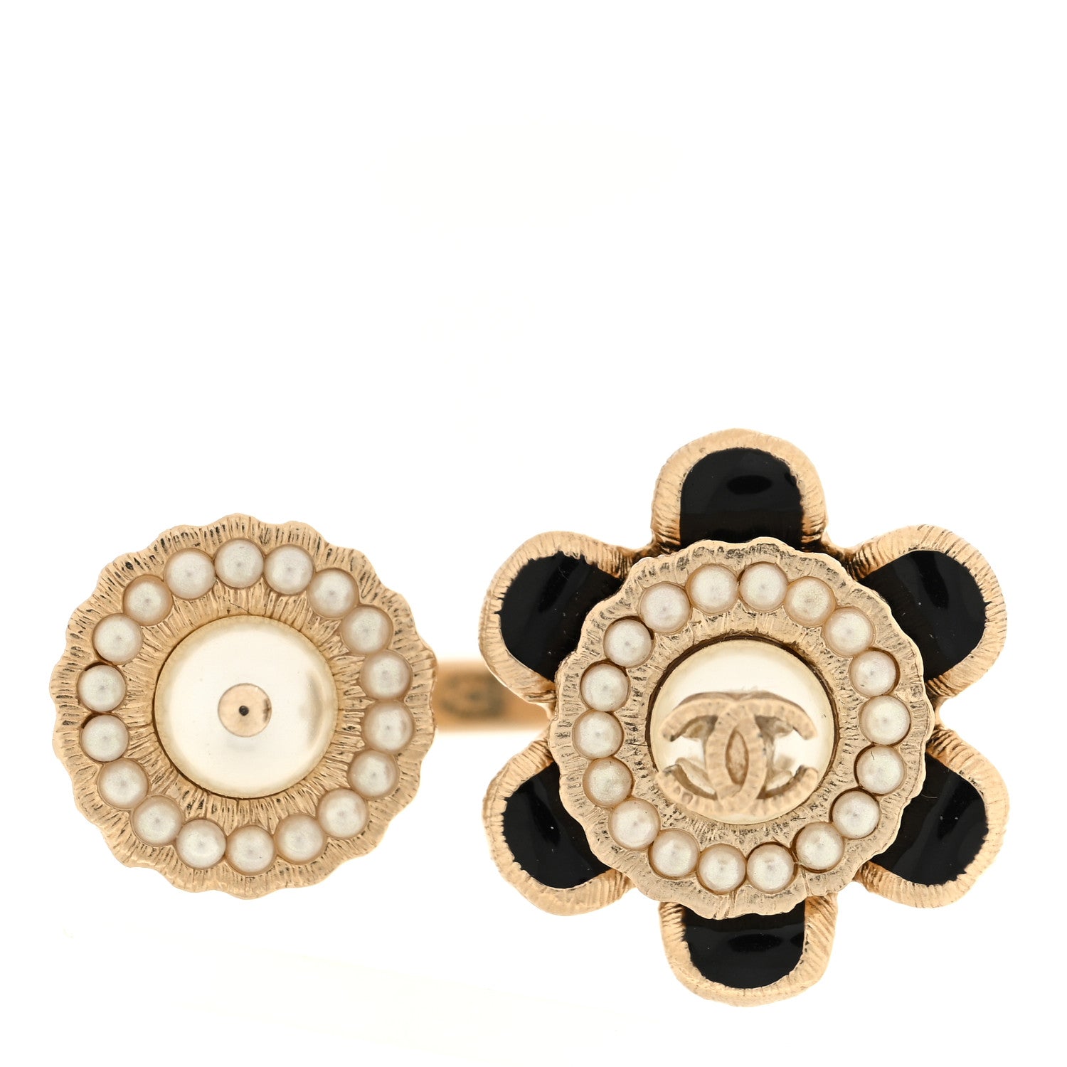 Chanel Pearl Enamel CC Camellia Ring 5 Black Gold 1 of 4