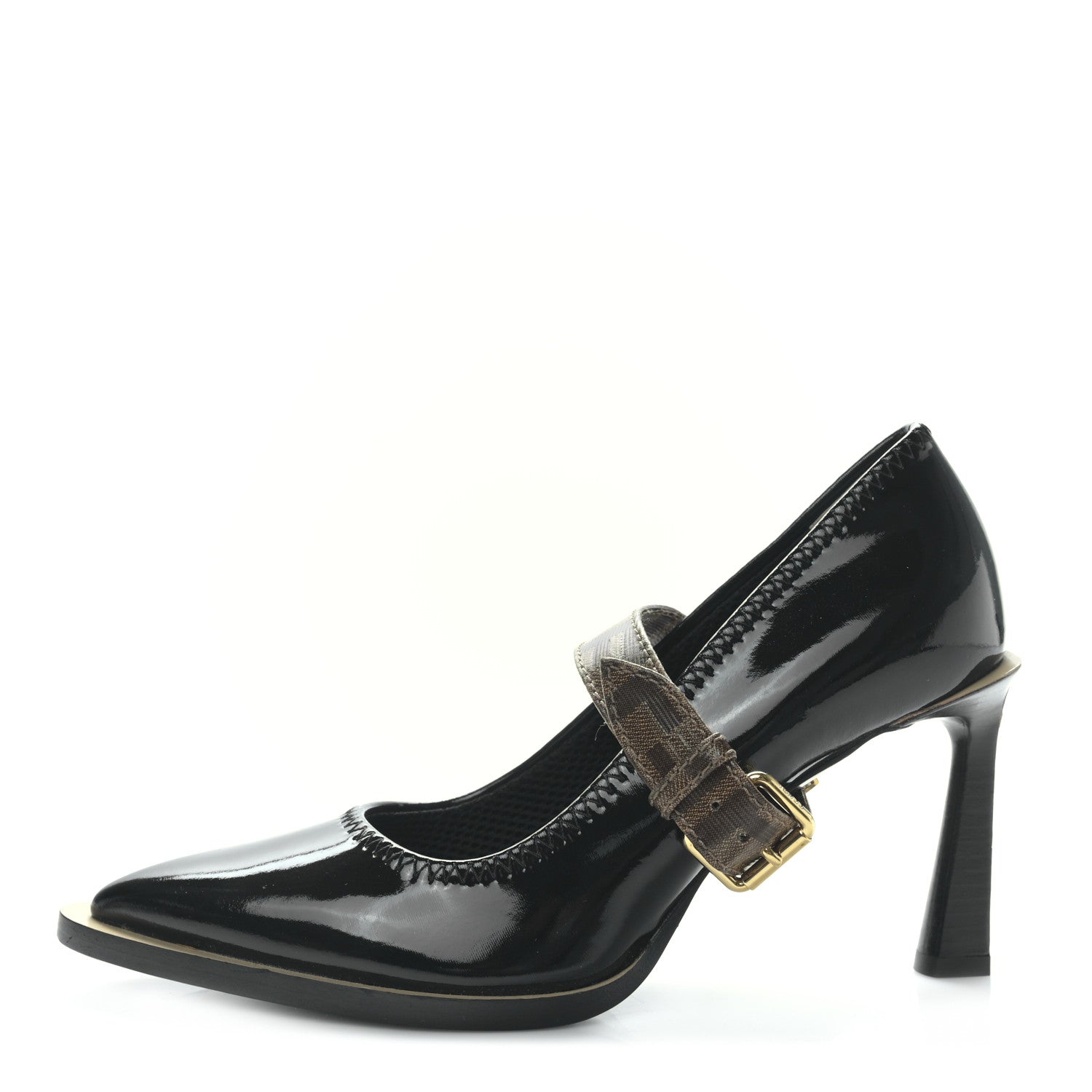 Fendi Glossy Neoprene Glazed Fabric FF FFrame Court Mary Jane Slingback Pumps 38 Black Tobacco Moro 1 of 7