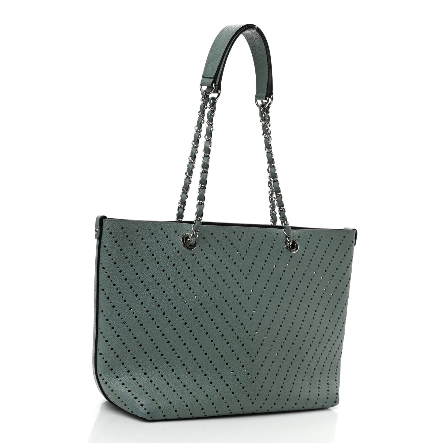Perforated Grained Calfskin Small Shopping Tote Green
